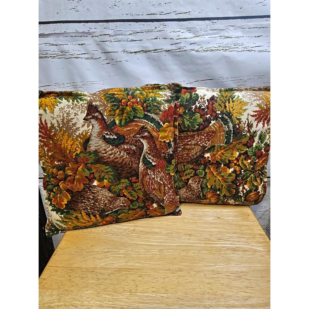 Vintage Game Bird Throw Pillows PairAutumn Grouse Quail Acorn Fall Cottage Decor